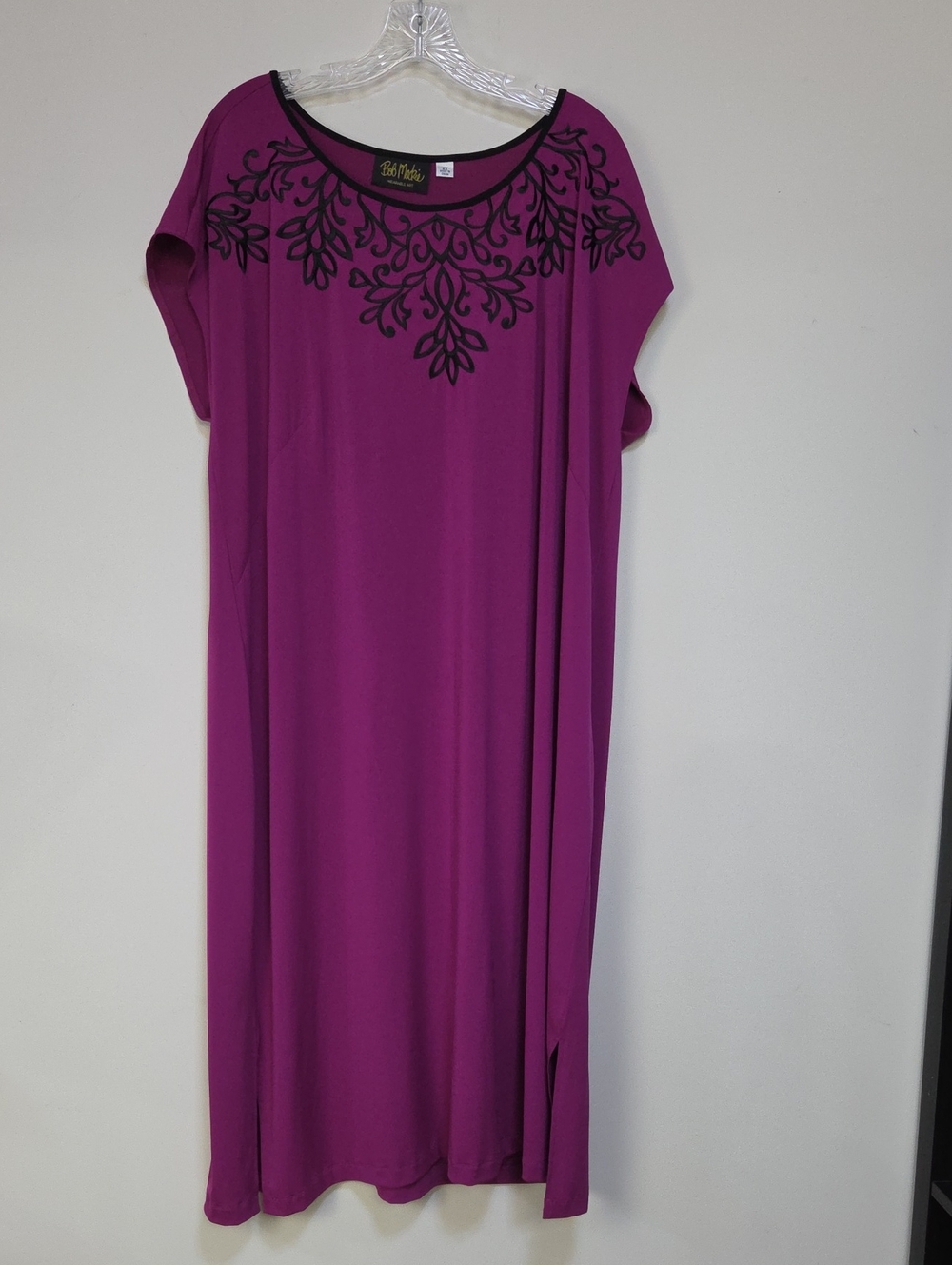 Bob Mackie Magenta Midi Dress with Black Embroidered Neckline- Wearable Art